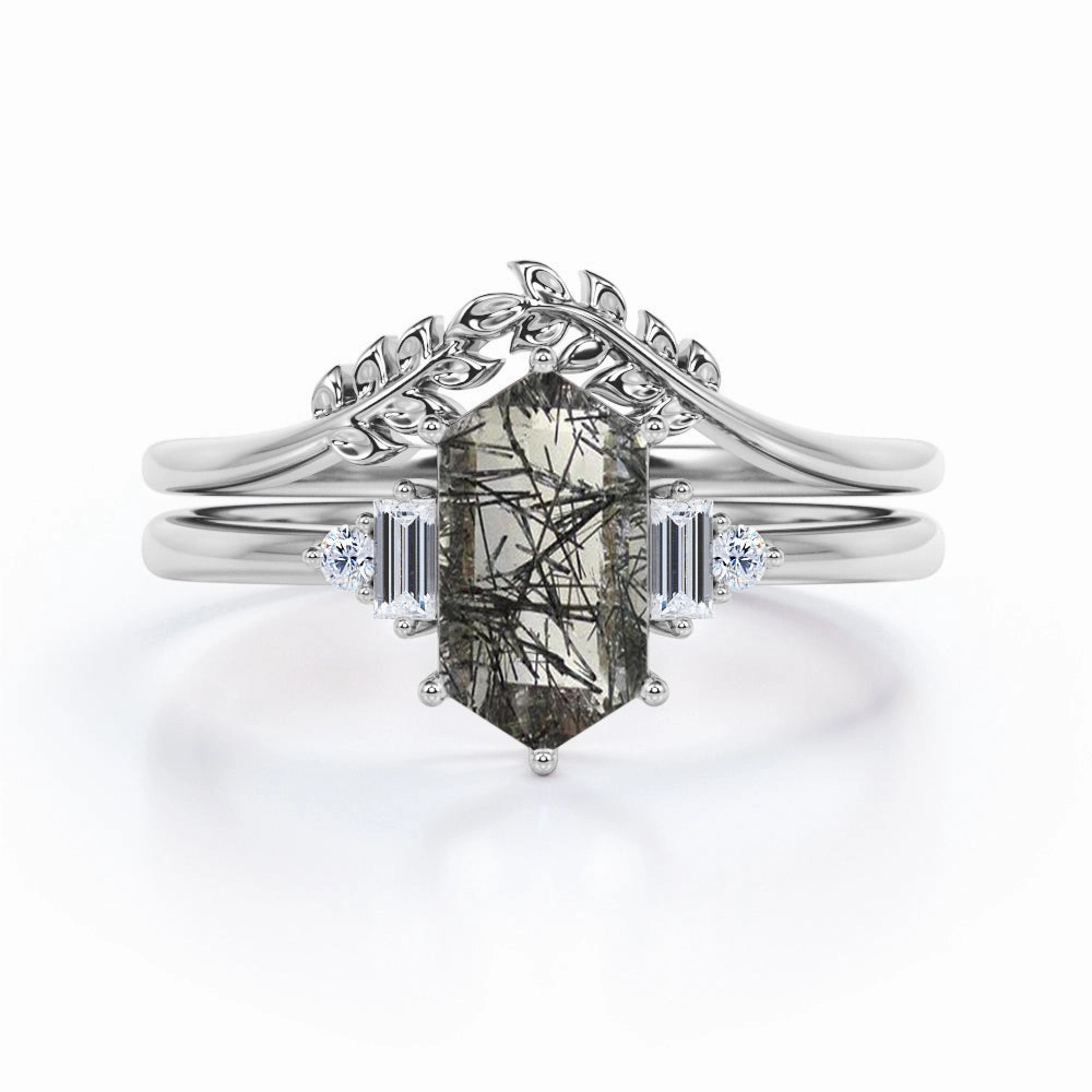 Floral 1.15 ct Hexagon Black Rutilated Quartz Five Stone Bridal Set Sophisticated Look