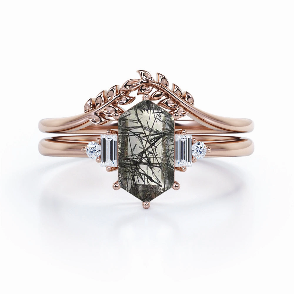 Branded Expression Floral 1.15 ct Hexagon Black Rutilated Quartz Five Stone Bridal Set