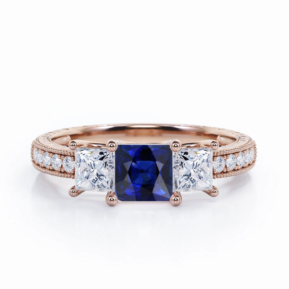 Eye Catching Any Season Look 1.25 Ct Princess Cut Lab Sapphire Trilogy Engagement Ring