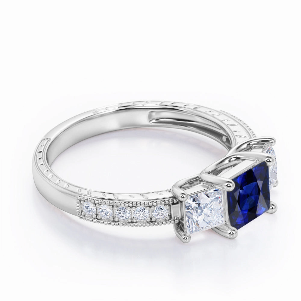 1.25 Ct Princess Cut Lab Sapphire Trilogy Engagement Ring Celebrity Style