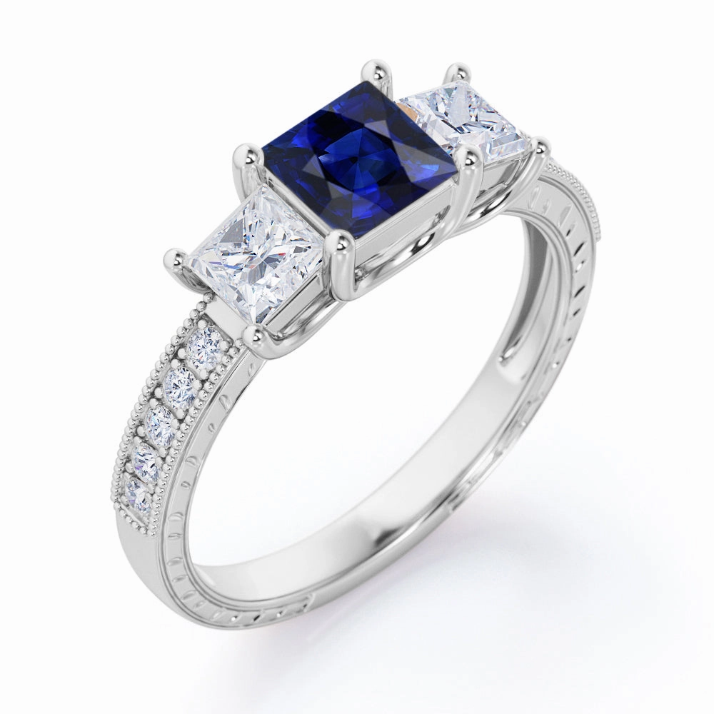Polished Simplicity 1.25 Ct Princess Cut Lab Sapphire Trilogy Engagement Ring