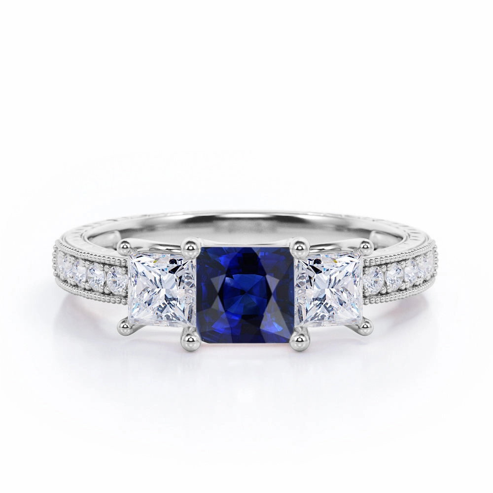 Simple Beauty Classic Gift 1.25 Ct Princess Cut Lab Sapphire Trilogy Engagement Ring