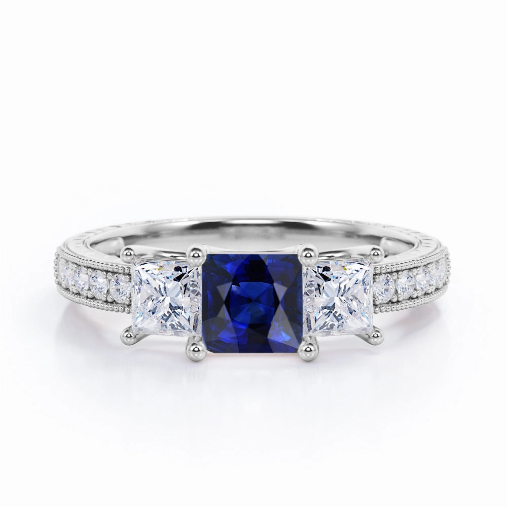 1.25 Ct Princess Cut Lab Sapphire Trilogy Engagement Ring Rural Elegance