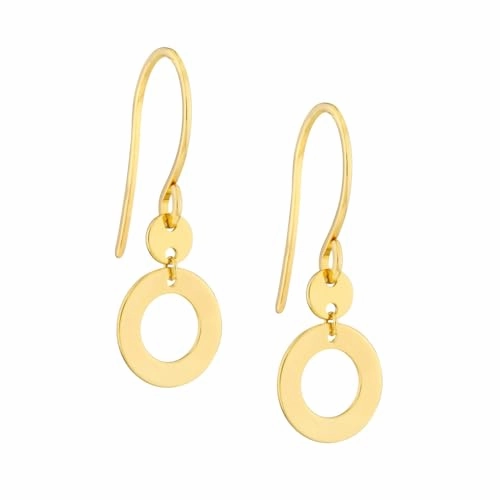 14K Yellow Gold Earrings High Polish Open Circle and Disk Dangle Night Piece Brilliant Accessory