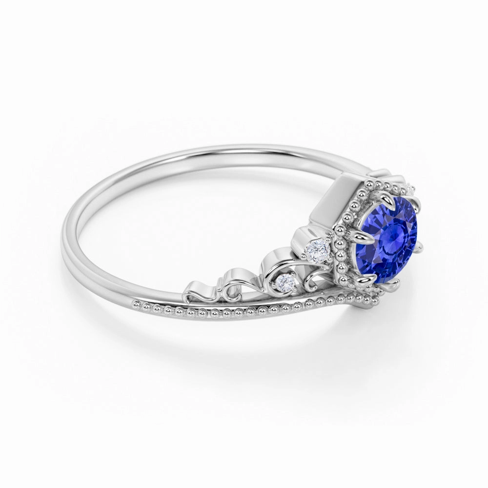 0.7 Ct Round Cut Lab Sapphire Art Deco Engagement Ring Fine Object