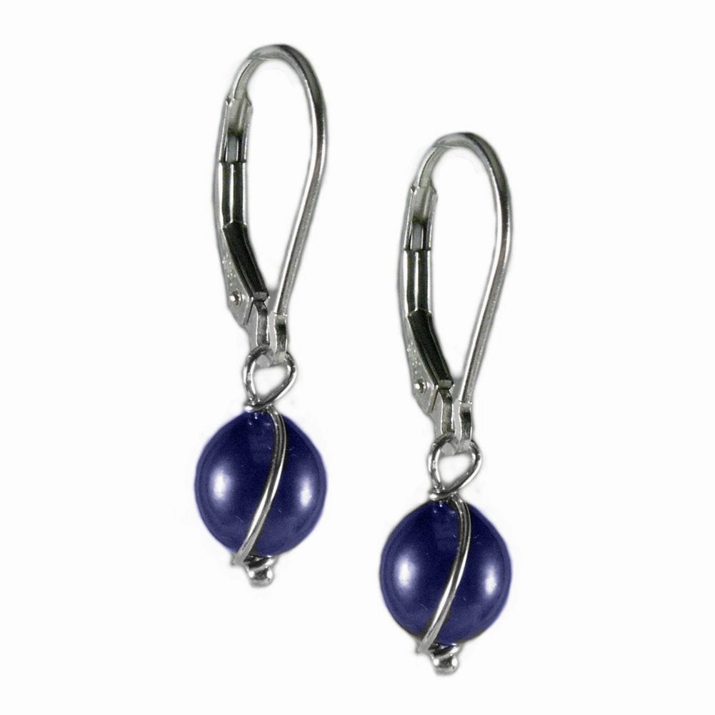 Dyed Blue Cultured Freshwater Pearl Earrings Sterling Silver with Wire Wrap Simple Look