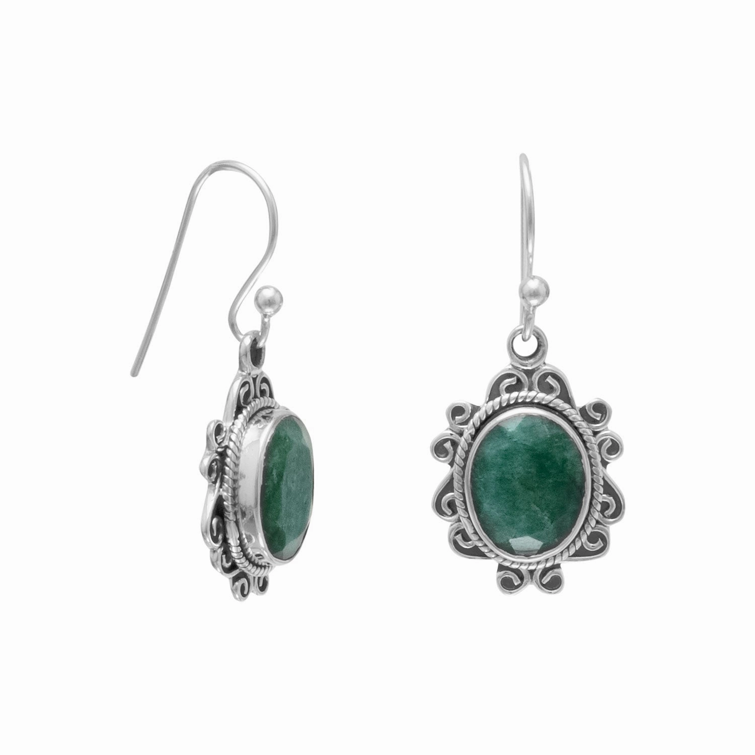 Dyed Green Beryl Earrings with Scroll and Rope Edge Sterling Silver Vintage Trinket Polished Ornament
