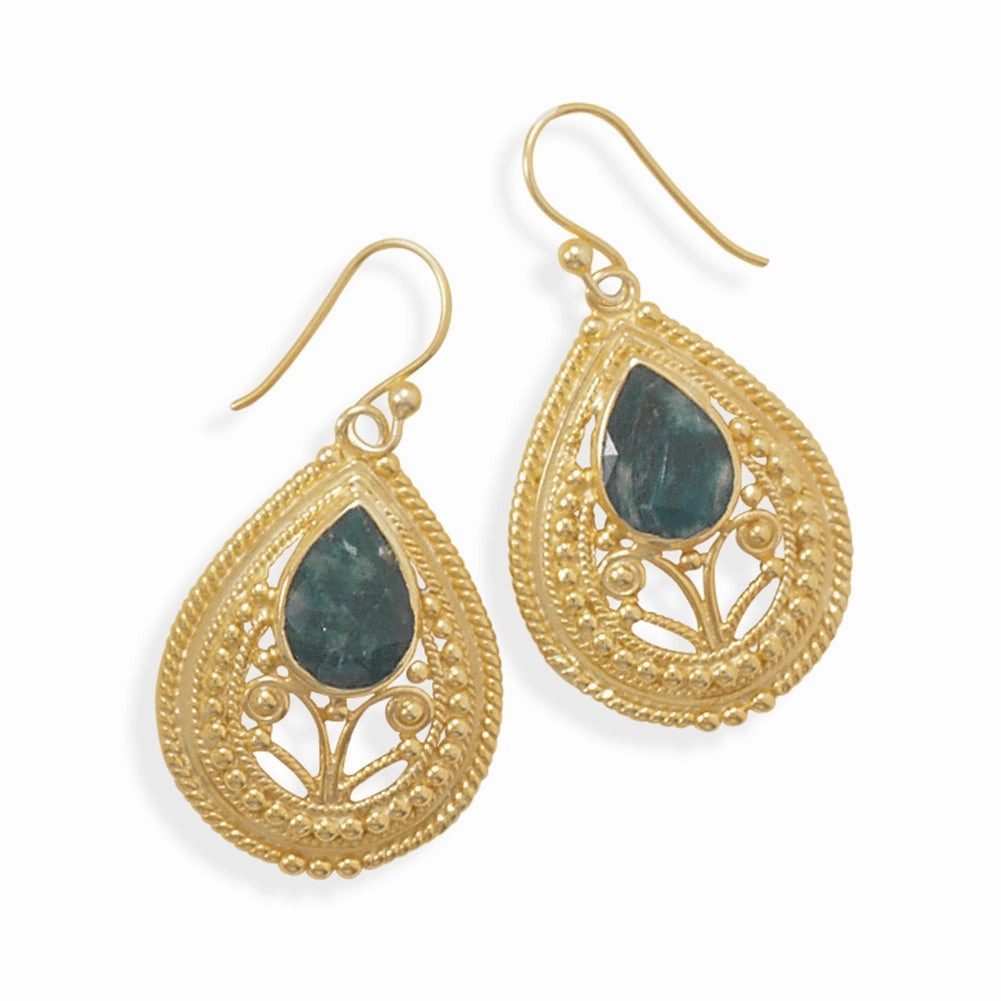 Dyed Green Beryl Gold-plated Earrings with Bead Filigree Straight Decoration