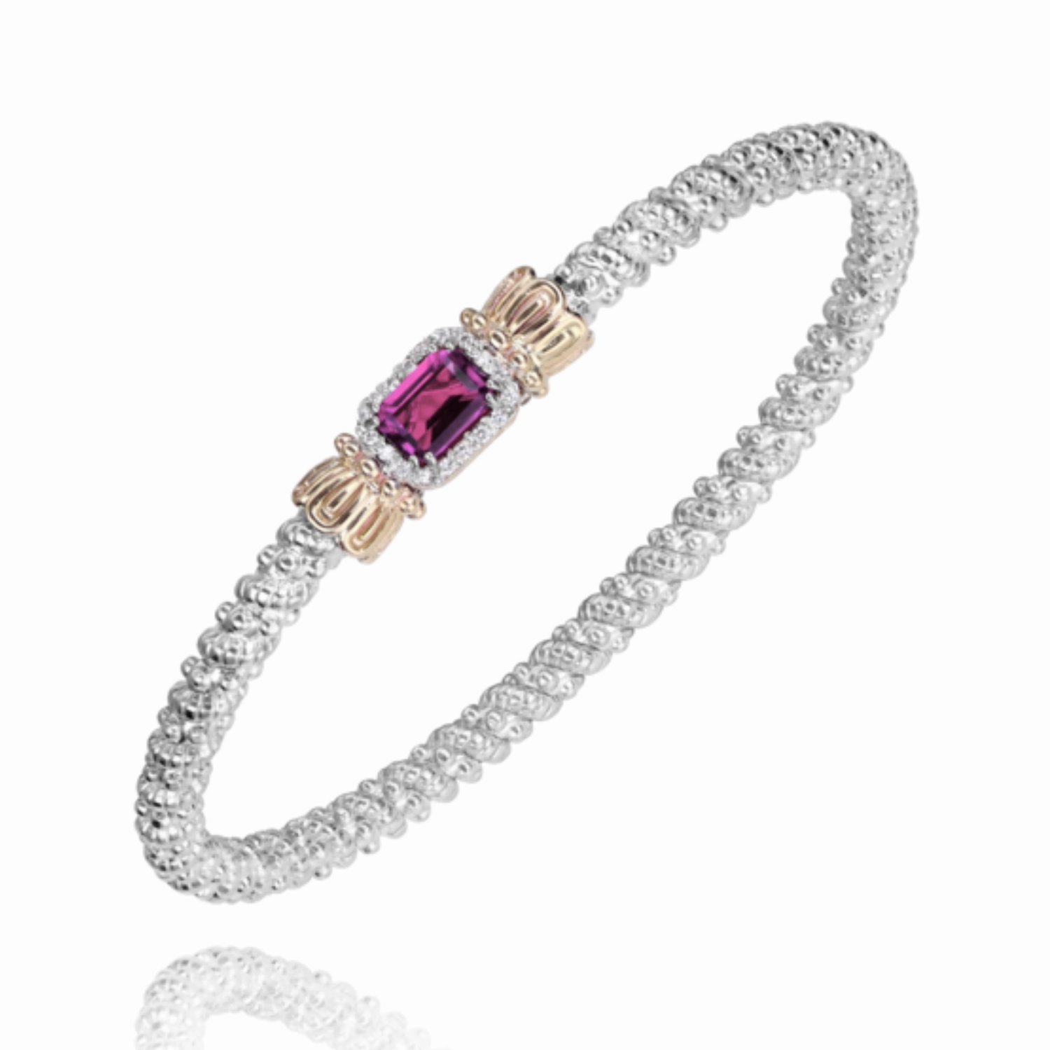 Timeless Jewelry 14K Yellow Gold and Sterling Silver Diamond Rhodalite Garnet Bangle Bracelet