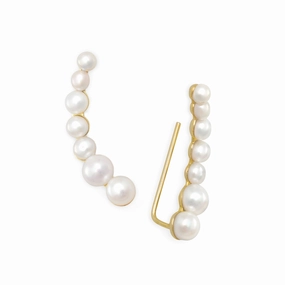 Dainty Adornment Comfortable Look Ear Climber Earrings White Cultured Freshwater Pearls Gold-plated Sterling Silver