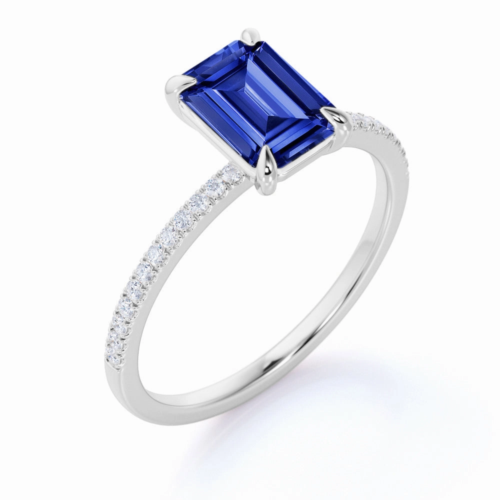 Nostalgic Design 1 Ct Emerald Cut Lab Sapphire Solitaire Engagement Ring