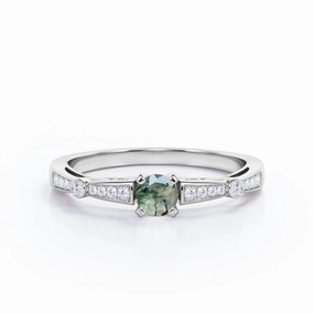 Easy Carry Artisan Adornment Baguette Shape Band with 0.7 carat Round Dendritic Moss Agate Engagement Ring in White Gold