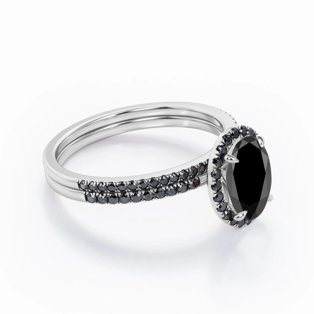 Balanced Finish 1.7 ct Ovate Lab Black Diamond Halo Wedding Ring Set