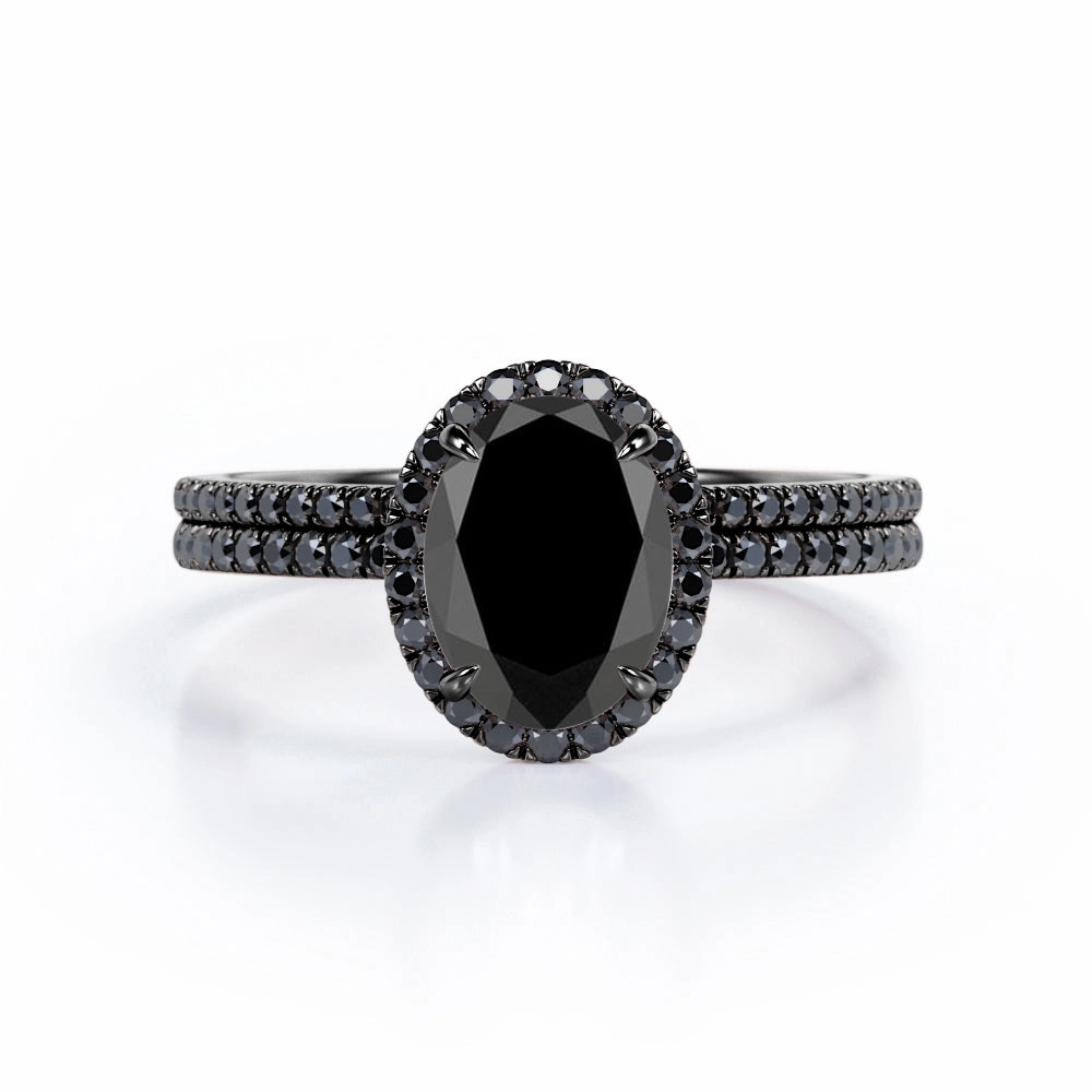 1.7 ct Ovate Lab Black Diamond Halo Wedding Ring Set Fashion Piece Quality Piece