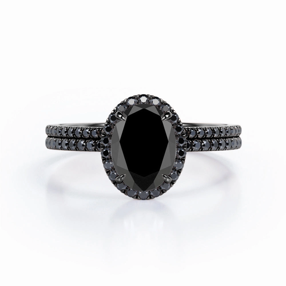 1.7 ct Ovate Lab Black Diamond Halo Wedding Ring Set Luxury Spark
