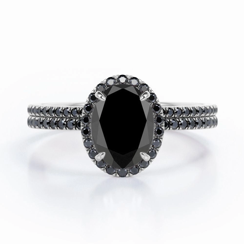 1.7 ct Ovate Lab Black Diamond Halo Wedding Ring Set Unique Article