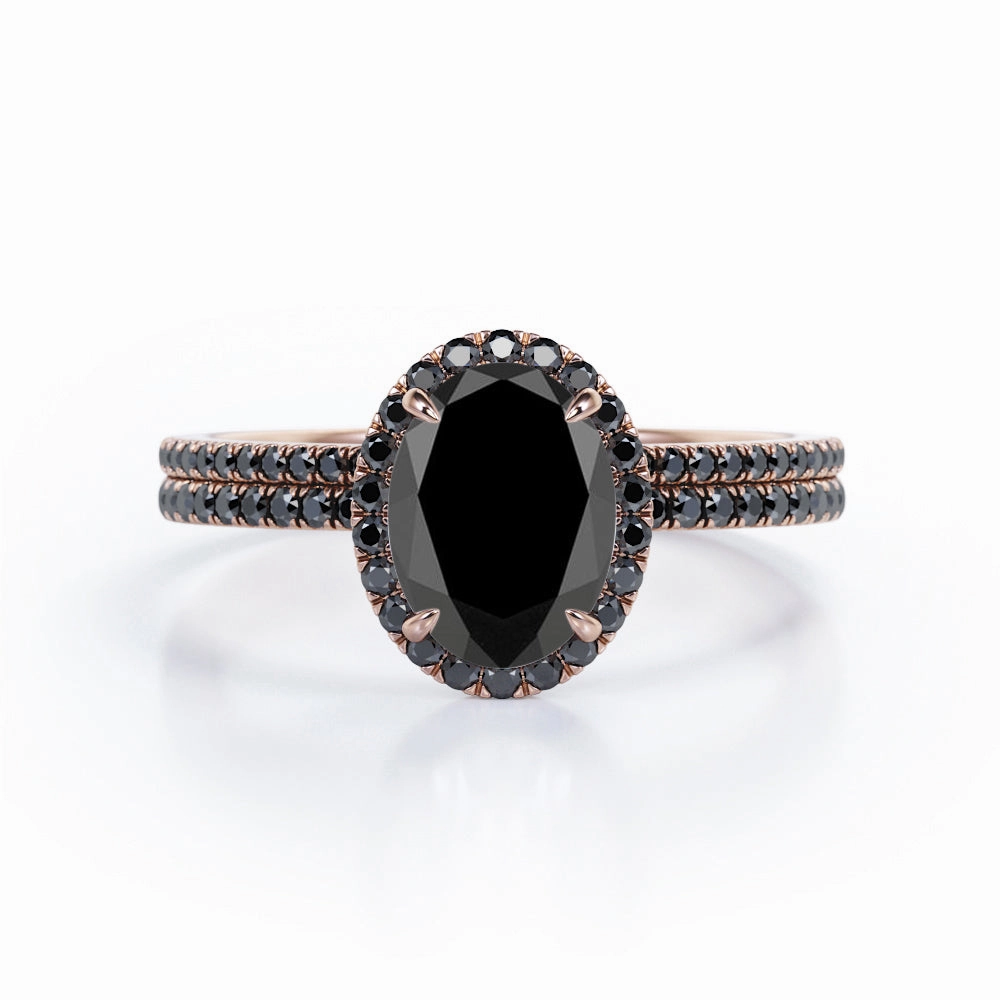 Fine Design 1.7 ct Ovate Lab Black Diamond Halo Wedding Ring Set