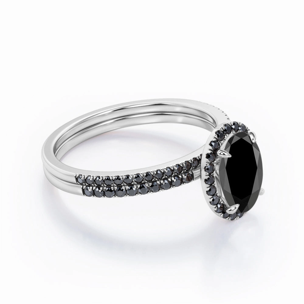 Quiet Style Vintage Insignia 1.7 ct Ovate Lab Black Diamond Halo Wedding Ring Set