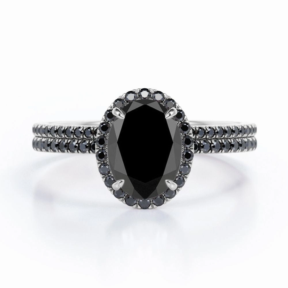 1.7 ct Ovate Lab Black Diamond Halo Wedding Ring Set Sleek Jewelry