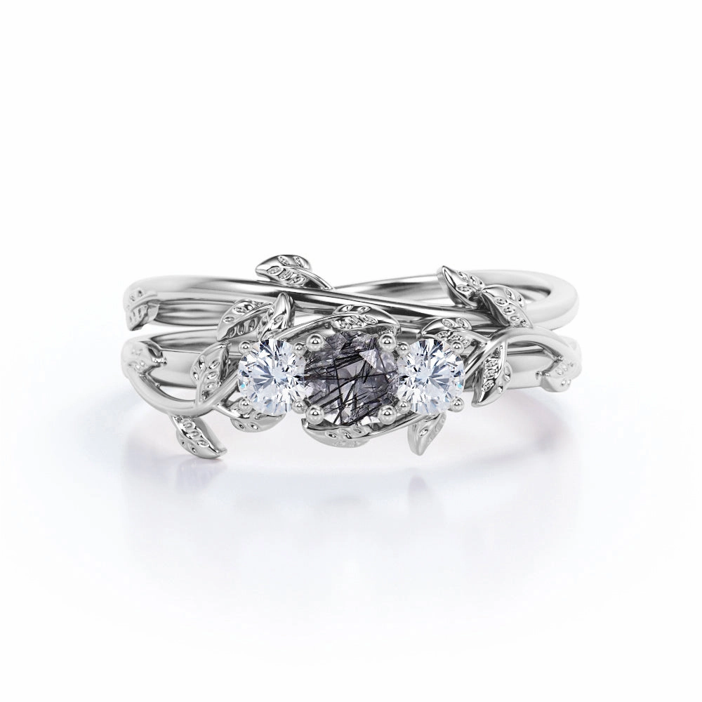 Exchange Option Wonderful Statement Floral 0.75 ct Round Black Rutilated Quartz Three Stone Bridal Set