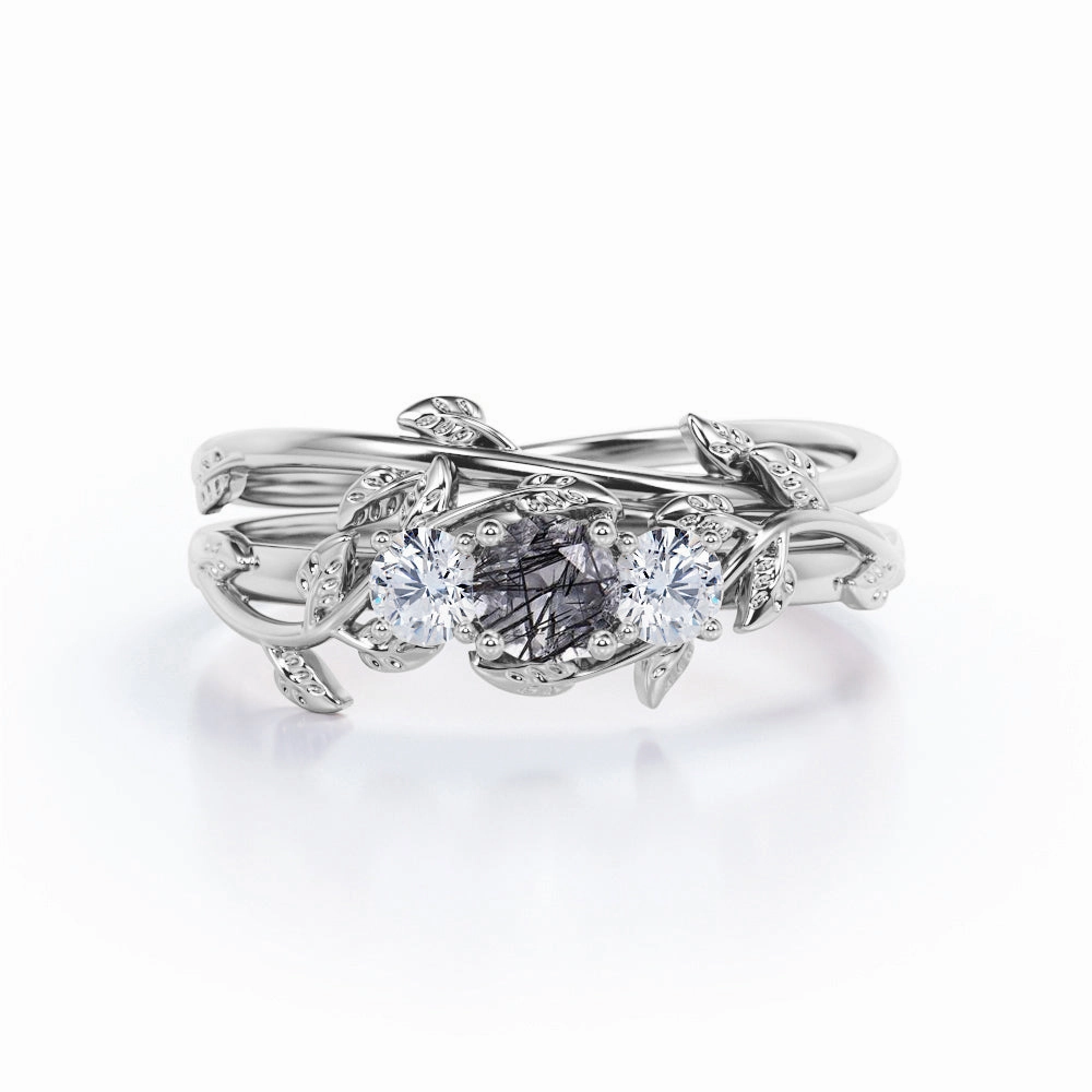 Floral 0.75 ct Round Black Rutilated Quartz Three Stone Bridal Set Polished Accessory Delicate Item