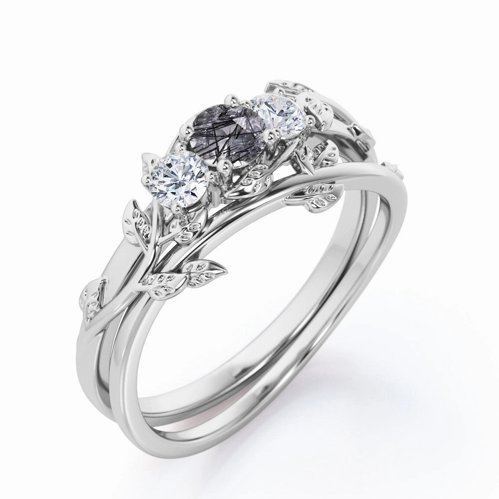 Floral 0.75 ct Round Black Rutilated Quartz Three Stone Bridal Set Lightweight Piece Comfortable Style