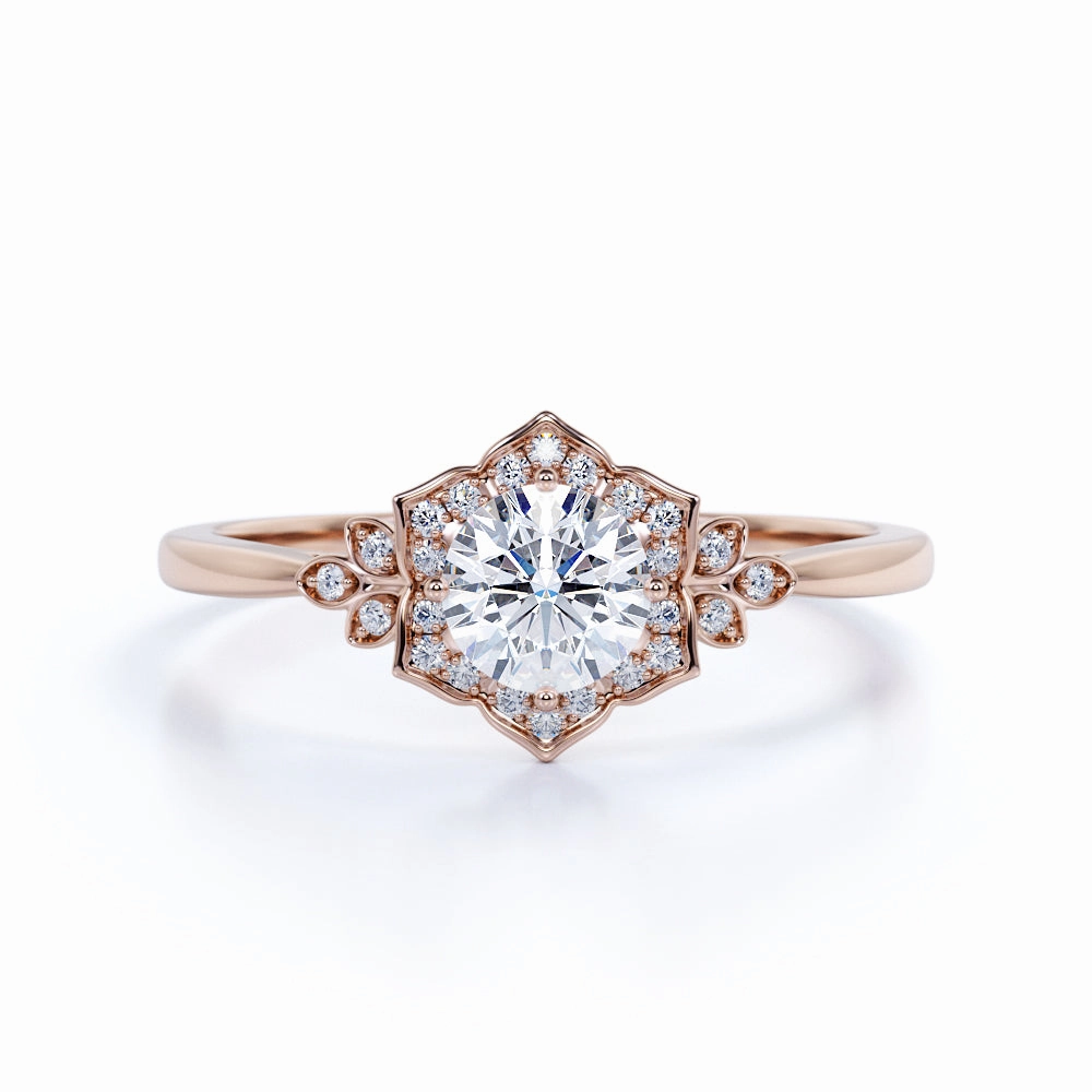 Floral 0.5 Ct Round Cut Diamond Engagement Ring Artistic Piece