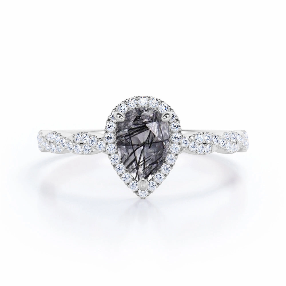 Seasonal accessory Premium Look 1.45 ct Pear Black Rutilated Quartz Halo Infinity Engagement Ring