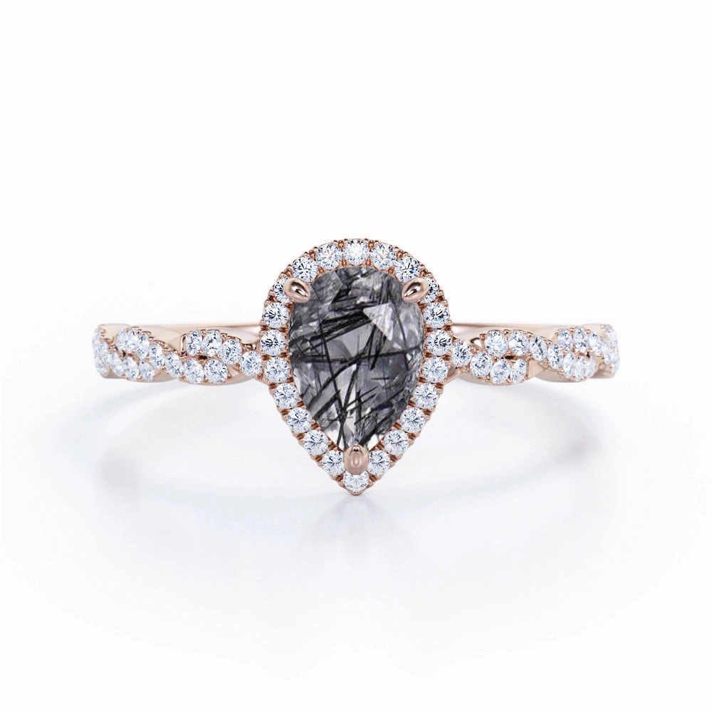 Artistic Symbol Glamorous Piece 1.45 ct Pear Black Rutilated Quartz Halo Infinity Engagement Ring