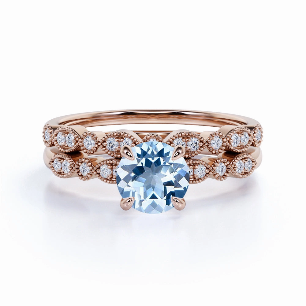 Present Day Formal Fashion Art Deco 1.50 ct Round Aquamarine Bridal Ring Set