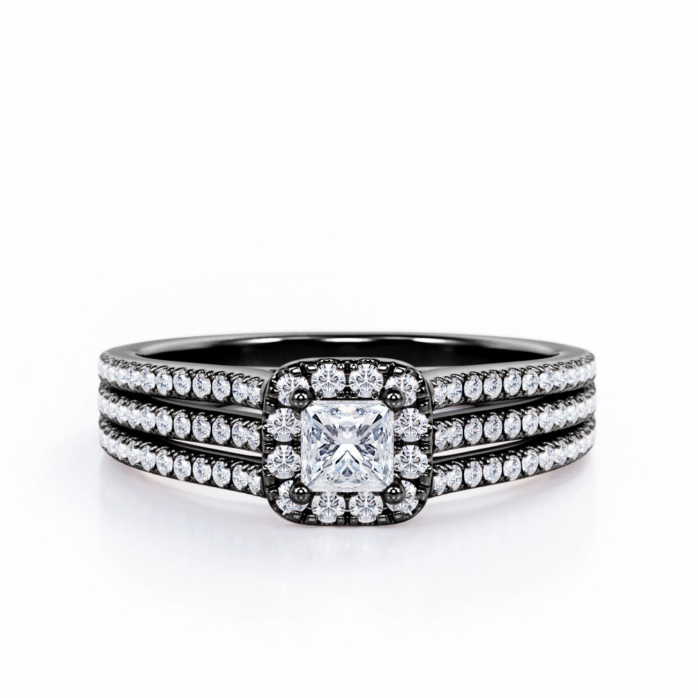 Brilliant Style Triple Split-Shanked Pave - 0.55 TCW Princess Cut Diamond - Halo Engagement Ring - 10K White Gold