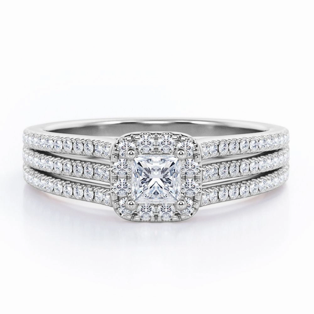 Chic Craft Triple Split-Shanked Pave - 0.55 TCW Princess Cut Diamond - Halo Engagement Ring - 10K White Gold