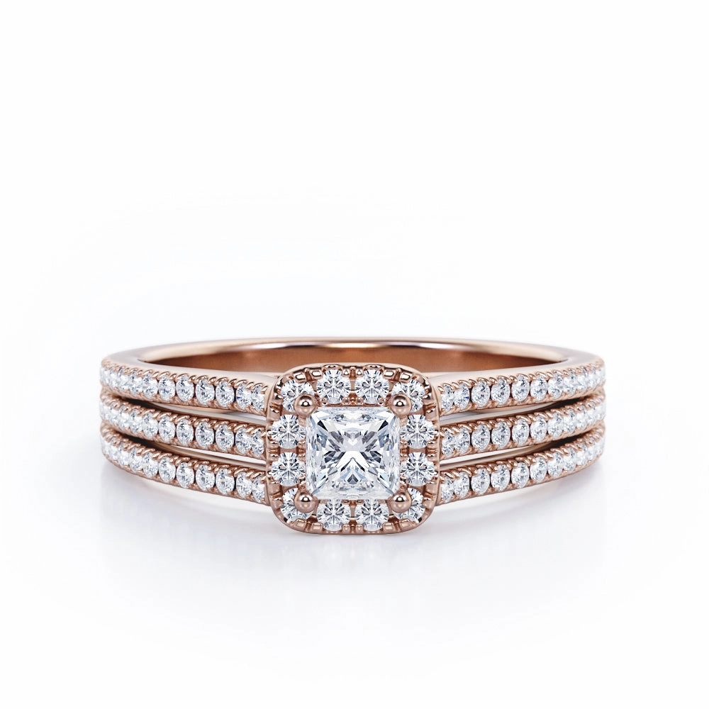 Graceful Contour Triple Split-Shanked Pave - 0.55 TCW Princess Cut Diamond - Halo Engagement Ring - 10K White Gold