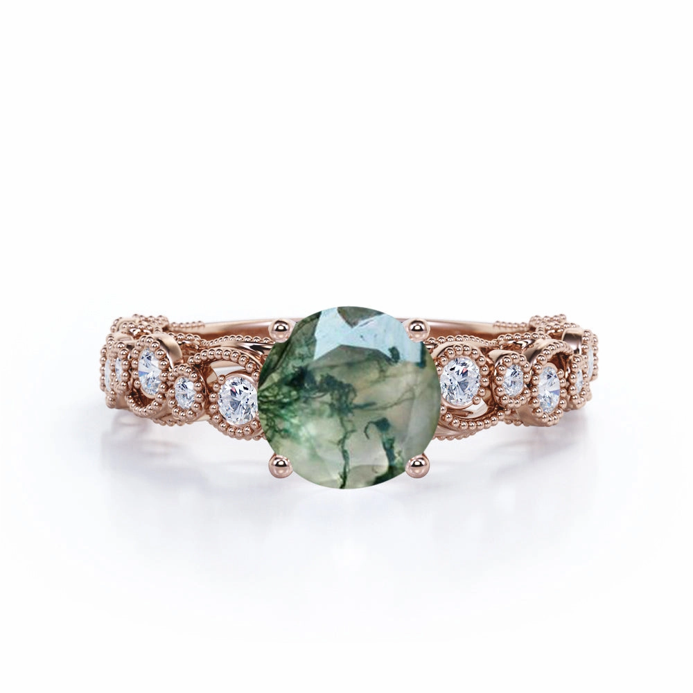 Hypoallergenic Piece Daily Motion Vintage Exquisite Prong 1.50 Carat Round Cut Real Faceted Druzy Moss Green Agate and Diamond Art Deco Milgrain Engagement Ring