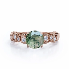 Hypoallergenic Piece Daily Motion Vintage Exquisite Prong 1.50 Carat Round Cut Real Faceted Druzy Moss Green Agate and Diamond Art Deco Milgrain Engagement Ring