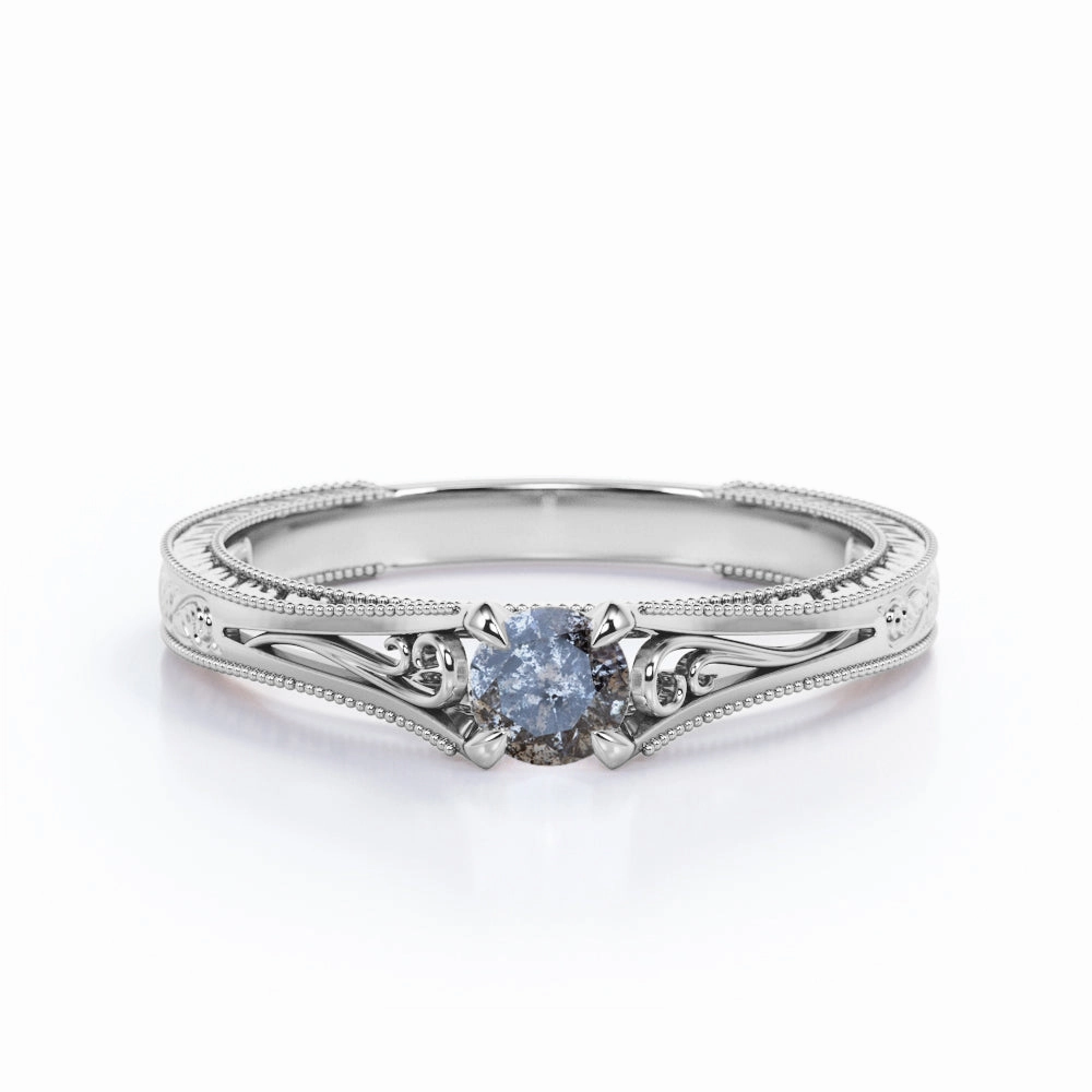 Brick and mortar Milgrain 0.50 Ct Round Salt and Pepper Diamond Engagement Ring