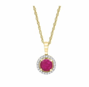 Bremer Jewelry 14K Yellow Gold Round Shape Ruby and Diamonds Halo Pendant with a 14K Yellow Gold Cable Link Necklace (0.66ctw) Artisan Edge Special Edition