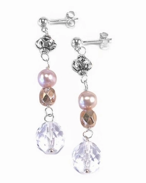 Graceful Decor Glossy Jewelry Sterling Silver Cultured Peach Pearl and Crystal Drop Earrings
