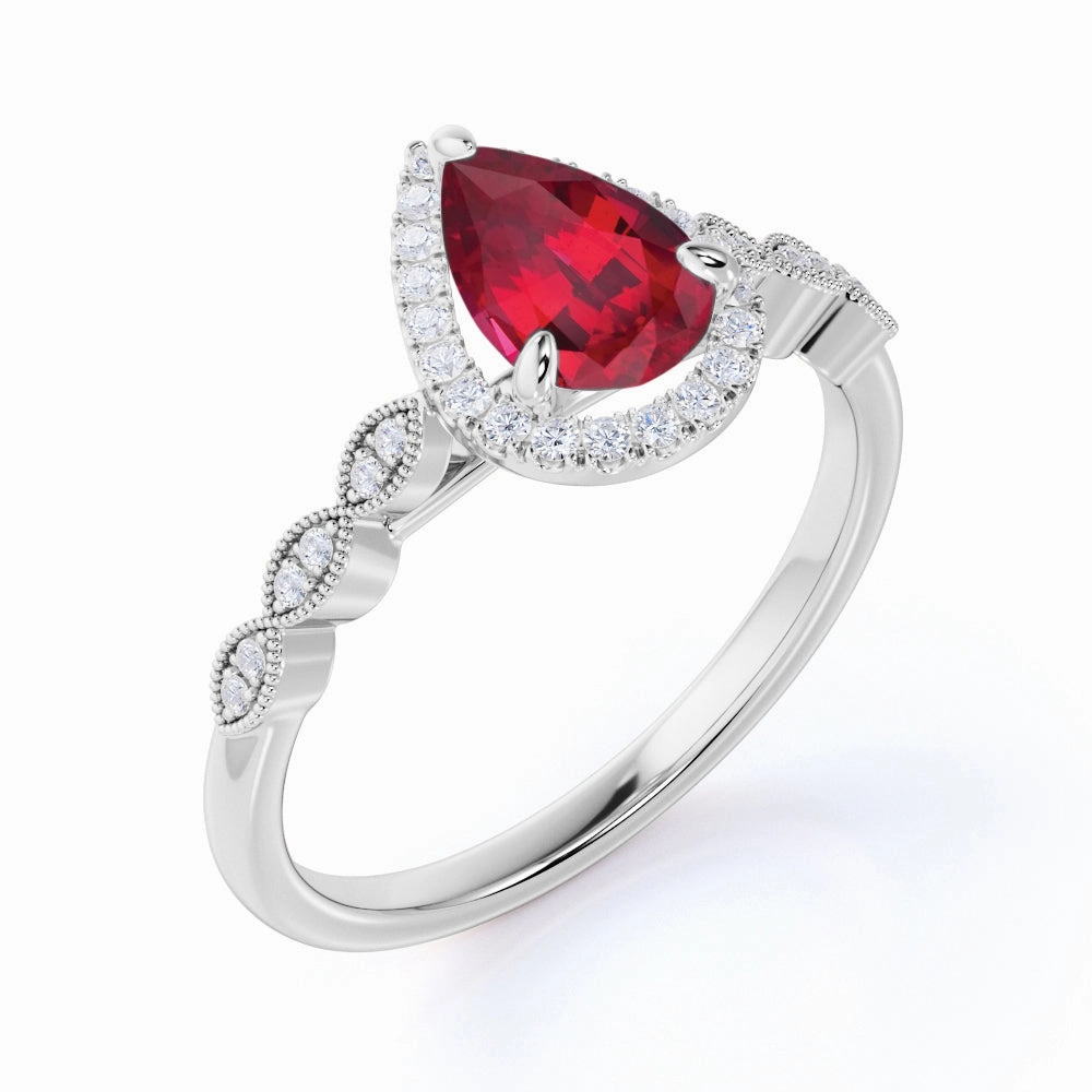 Ensemble Piece Fashion Mood Antique 1.35 ct Pear Lab-Created Ruby Halo Engagement Ring