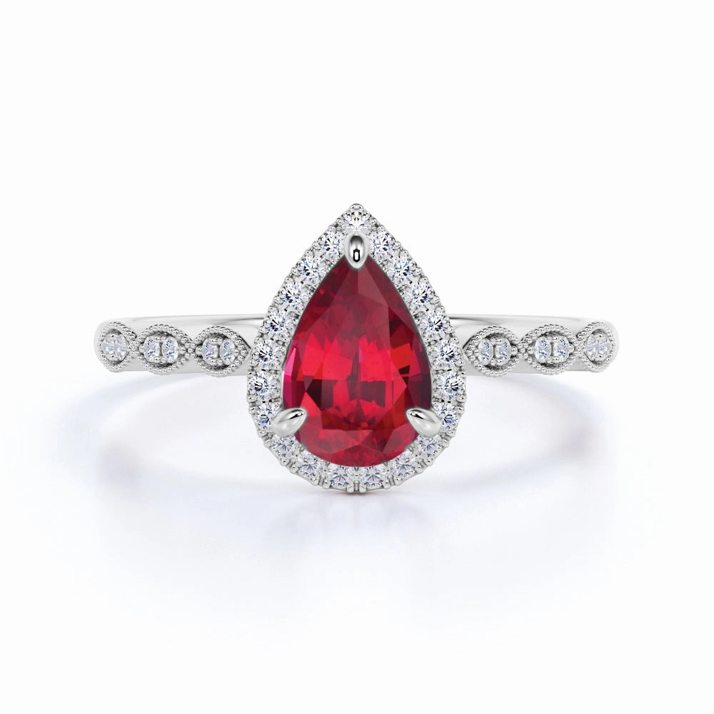 Antique 1.35 ct Pear Lab-Created Ruby Halo Engagement Ring Friendship Gift Timeless Art