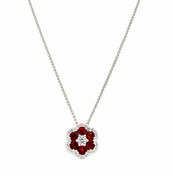 Bremer Jewelry 18K White Gold Rubies and Diamond Cluster Necklace (1.93ctw) Vibrant Glow Vibrant Highlight