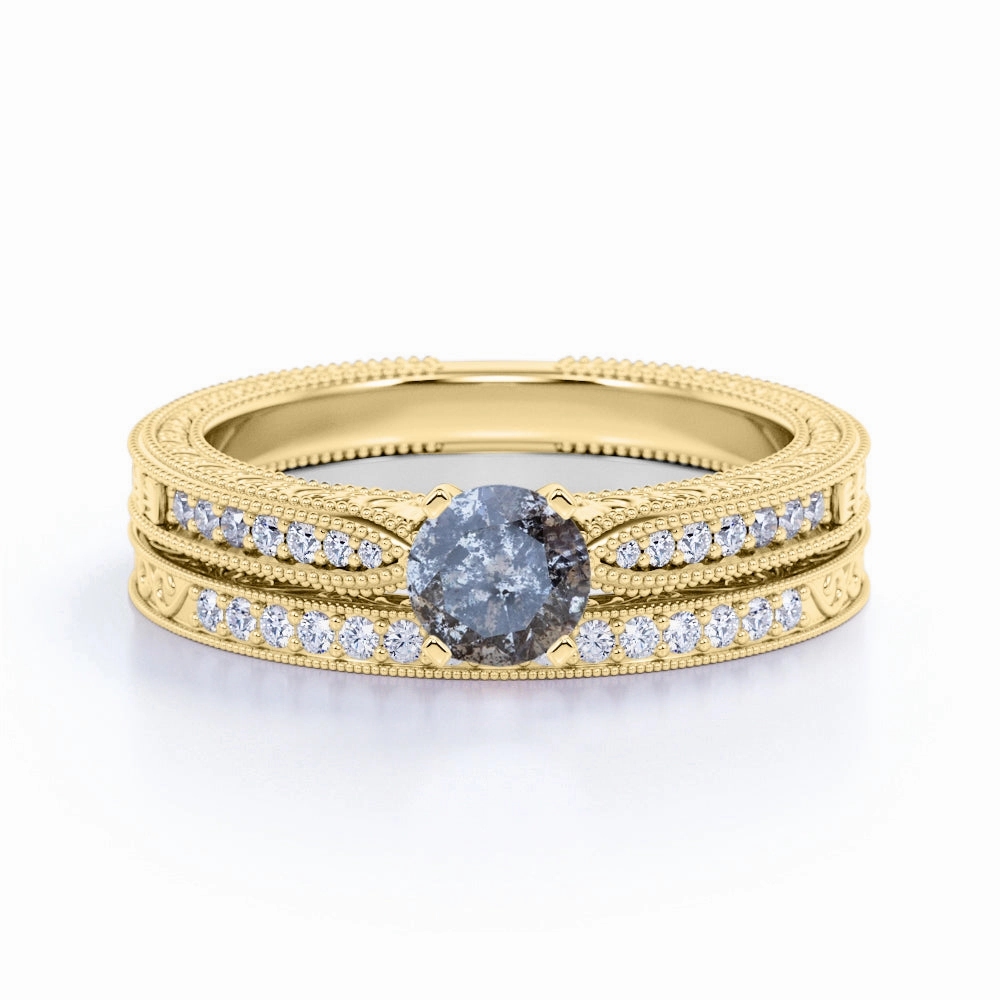 Minimalist Keepsake Glamorous Decoration Art Deco 0.85 Ct Round Salt and Pepper Diamond Wedding Ring Set