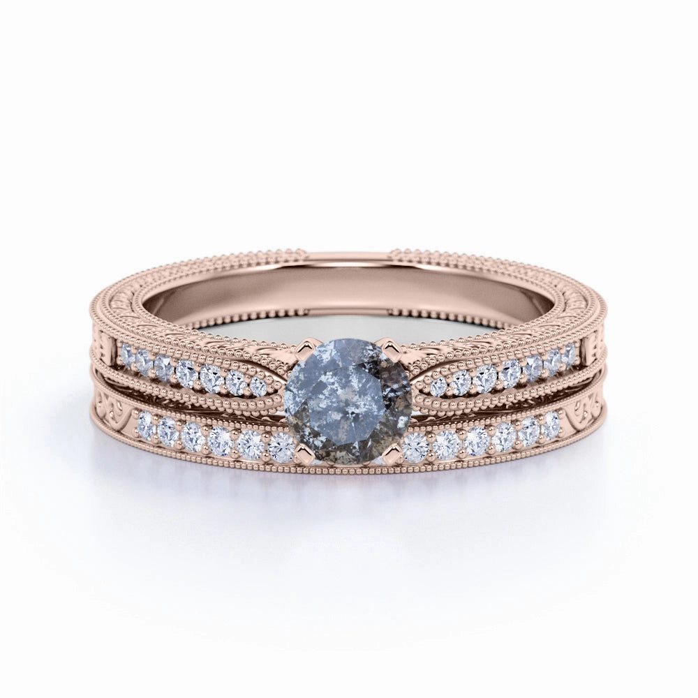 Timeless Form Art Deco 0.85 Ct Round Salt and Pepper Diamond Wedding Ring Set