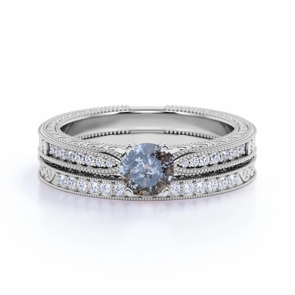 Art Deco 0.85 Ct Round Salt and Pepper Diamond Wedding Ring Set Minimalist Memento