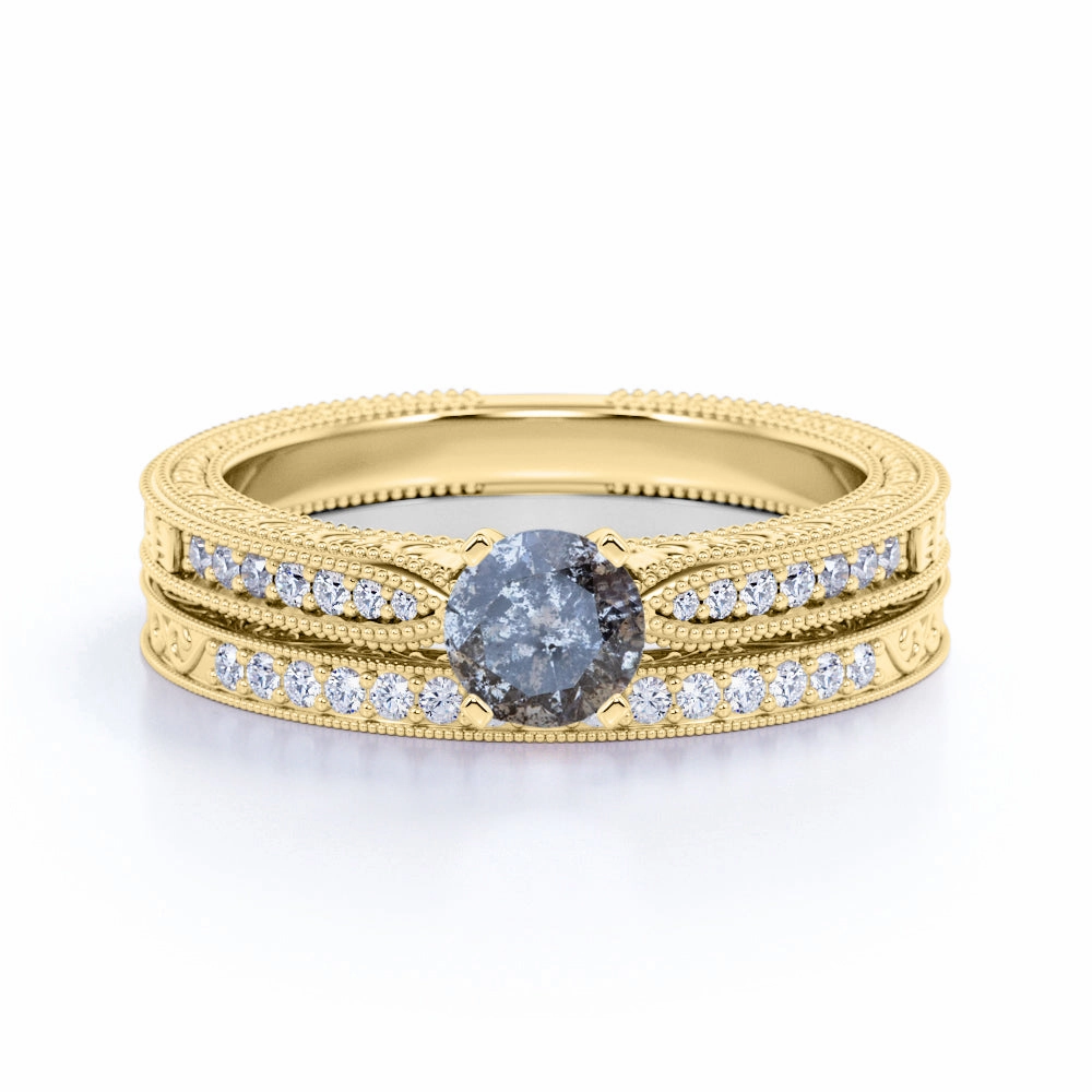 Universal Fit Art Deco 0.85 Ct Round Salt and Pepper Diamond Wedding Ring Set