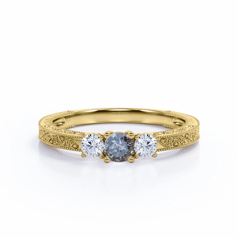 Vintage 0.40 Ct Round Cut Salt and Pepper Diamond Engagement Ring Elegant Creation