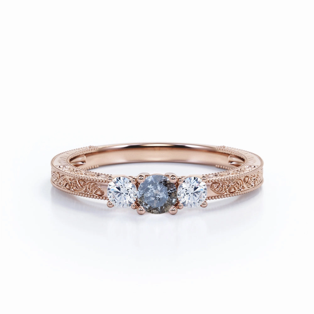 Customizable Design Shiny Style Vintage 0.40 Ct Round Cut Salt and Pepper Diamond Engagement Ring