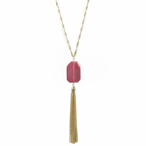 For College Tassel Necklace with Fuschia Synthetic Opal and Twist Chain Gold Plated Extra Long Length