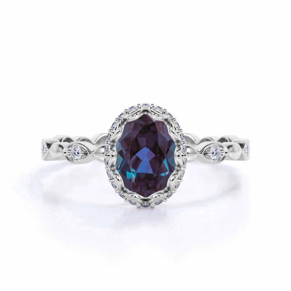 Exquisite Decoration 1.25 Ct Oval Cut Lab Alexandrite Halo Engagement Ring