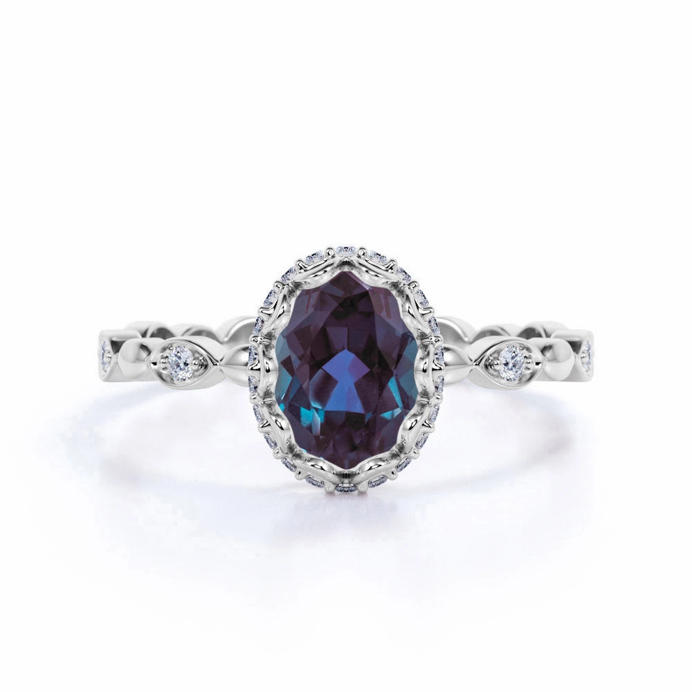1.25 Ct Oval Cut Lab Alexandrite Halo Engagement Ring Translucent Material